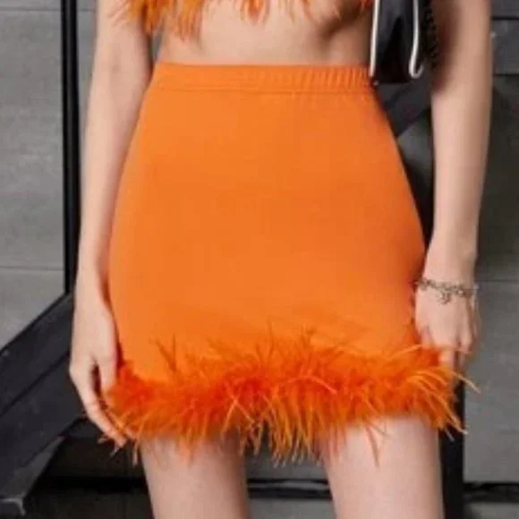 Feather trimmed Mini Skirt and Crop top Orange - Picture 3 of 6